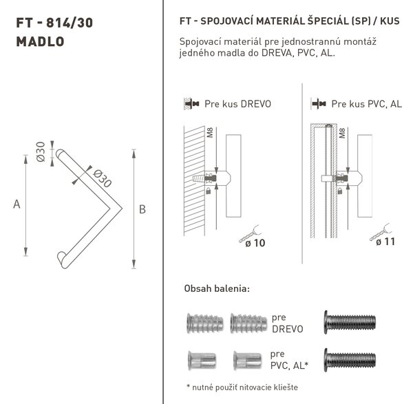 MPkovania FT - MADLO kód K14 Ø 30 mm SP ks Rozteč madla: 300 mm, Rozmer profilu madla: Ø 30 mm, Dĺžka: 330 mm