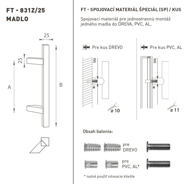 MPkovania FT - MADLO kód K31Z 25x25 mm SP ks Rozteč madla: 210 mm, Rozmer profilu madla: 25x25 mm, Dĺžka: 400 mm