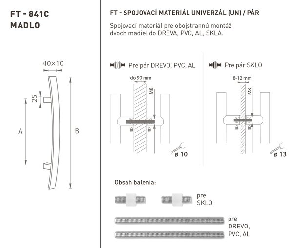 MPkovania FT - MADLO kód K41C 40x10 mm UN pár Rozteč madla: 300 mm, Rozmer profilu madla: 40x10 mm, Dĺžka: 500 mm