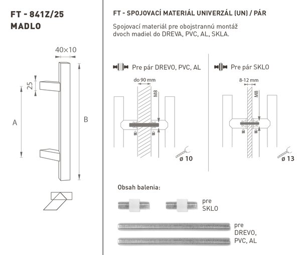 MPkovania FT - MADLO kód K41Z 40x10 mm UN pár Rozteč madla: 210 mm, Rozmer profilu madla: 40x10 mm, Dĺžka: 400 mm