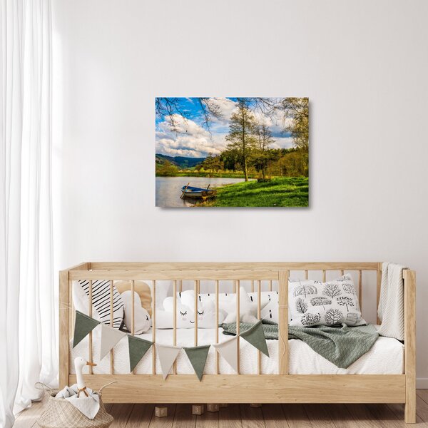 Sklenený obraz loďky pri jazere (70x50 cm)
