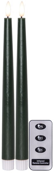 LED sviečka Flamme Slim Green 28 cm – set 2 ks + diaľkové ovládanie