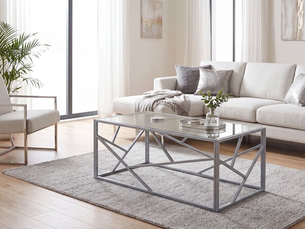 Konferenčný stolík strieborný kovový rám sklenená vrchná doska 50 x 45 x 100 cm geometrický dizajn glamour štýl obývačka