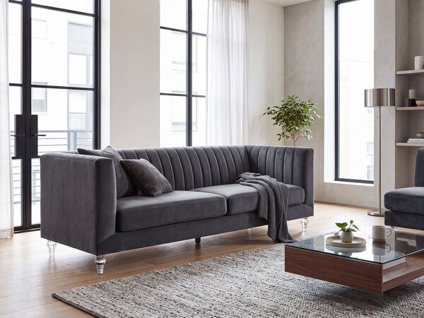 Pohovka čierna zamatová čalúnená 3 miestna nízke prešívané operadlo v štýle tuxedo
