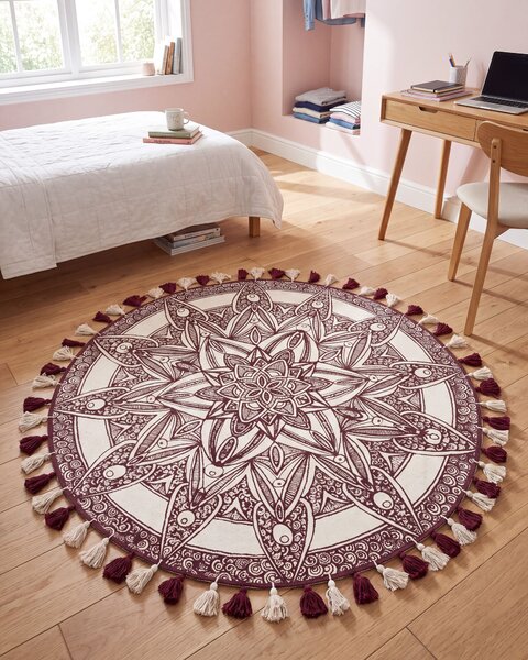 Koberec béžová červená bavlna ø 120 cm orientálny vzor so strapcami okrúhly tvar boho moderný štýl obývačka spálňa