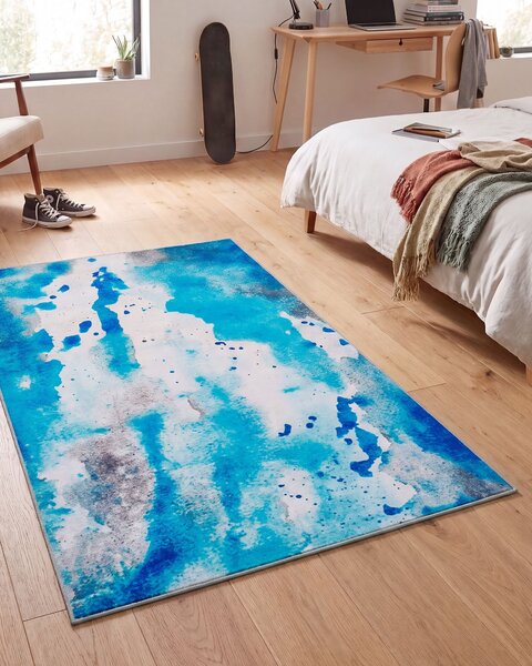 Koberec modrý a sivý 80 x 150 cm s abstraktným akvarelovým vzorom moderný dizajn