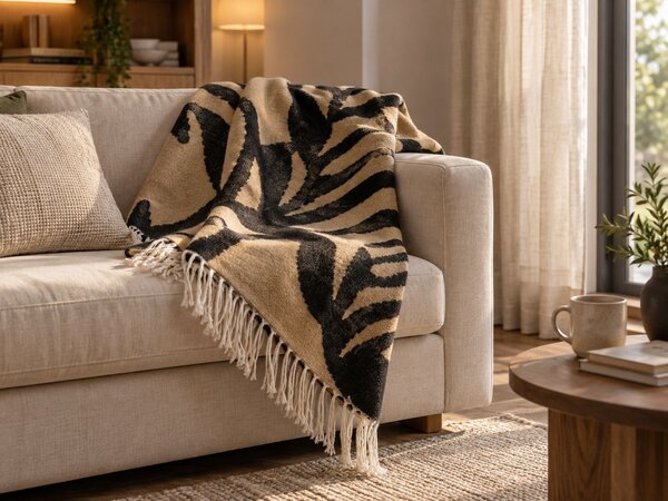 Deka béžová čierna polyester akryl 130 x 170 cm obdĺžnikový tvar abstraktný vzor prikrývka so strapcami boho štýl doplnky