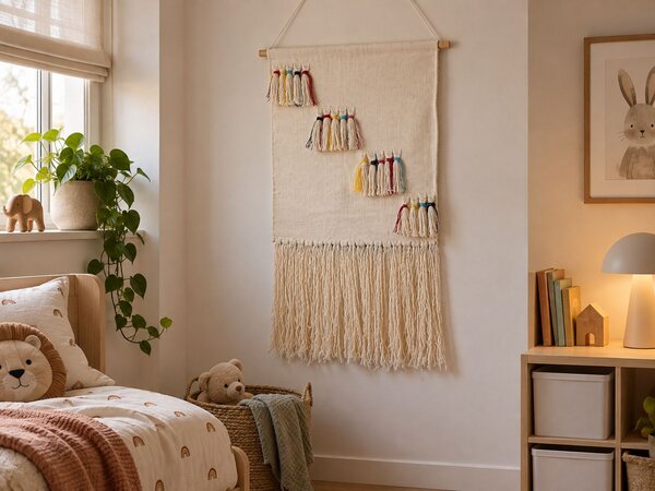 Nástenná dekorácia béžová bavlna borovicové drevo pletená ručná výroba so strapcami makramé boho štýl doplnky dekorácie