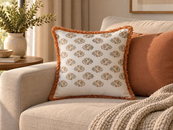 Dekoratívny vankúš biela oranžová bavlna 45 x 45 cm kvetovaný vzor so strapcami bloková potlač boho moderný štýl doplnky