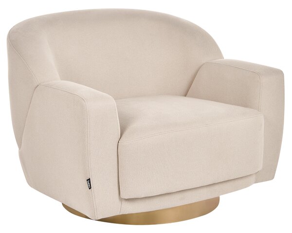 Kreslo svetlobéžové látkové čalúnenie polyester zlatý kovový podstavec retro glamour art deco štýl obývačka spálňa