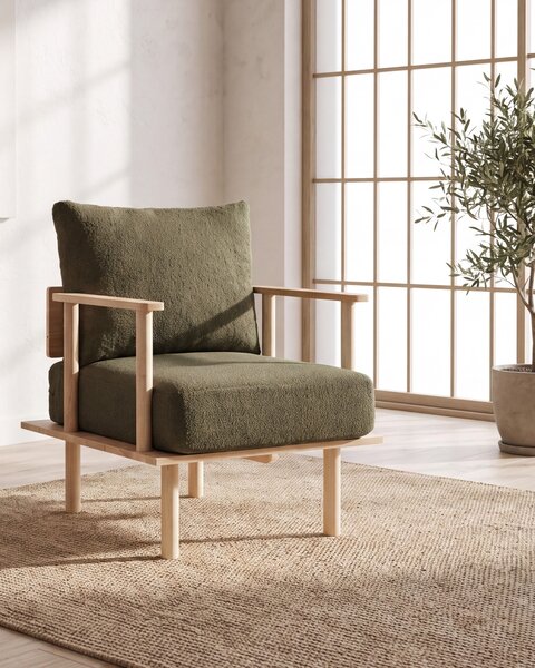 Kreslo tmavozelené buklé čalúnenie moderný minimalistický japandi štýl obývacia izba