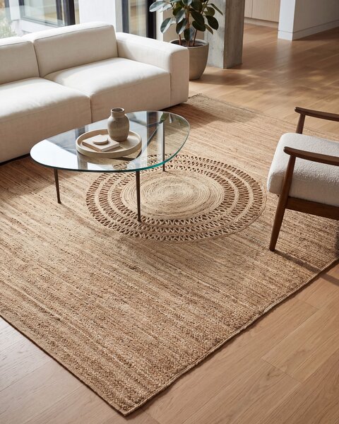Koberec béžový jutový 160 x 230 cm pletený ručne vyrobený s vyrezávaným vzorom prírodný boho štýl textil