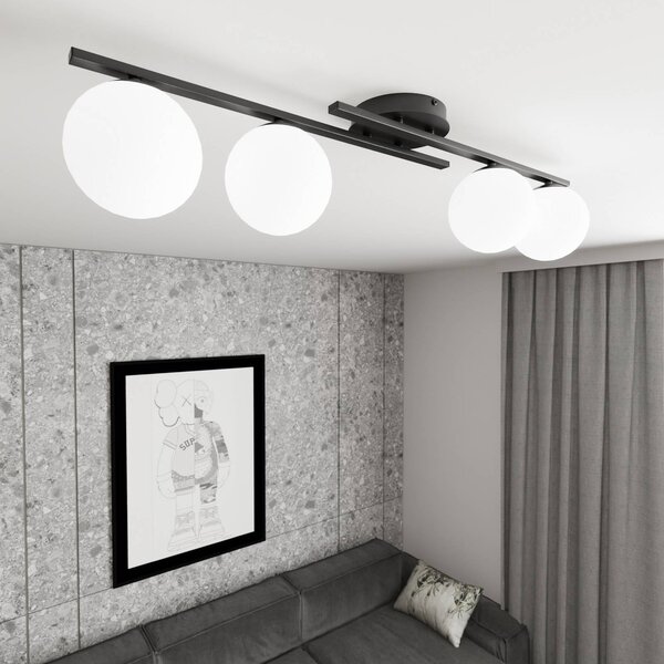 Stropné svietidlo Kairo, čierne/opálové, dĺžka 87 cm, 4-pl., Čierna, Obývacia izba / jedáleň, kov, Moderný, Stropné svetlo