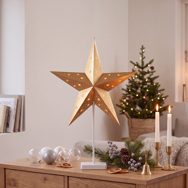 SOLIGHT LED vánoční hvězda stolní na stojánku, 10 LED, 45cm, časovač, zlatá