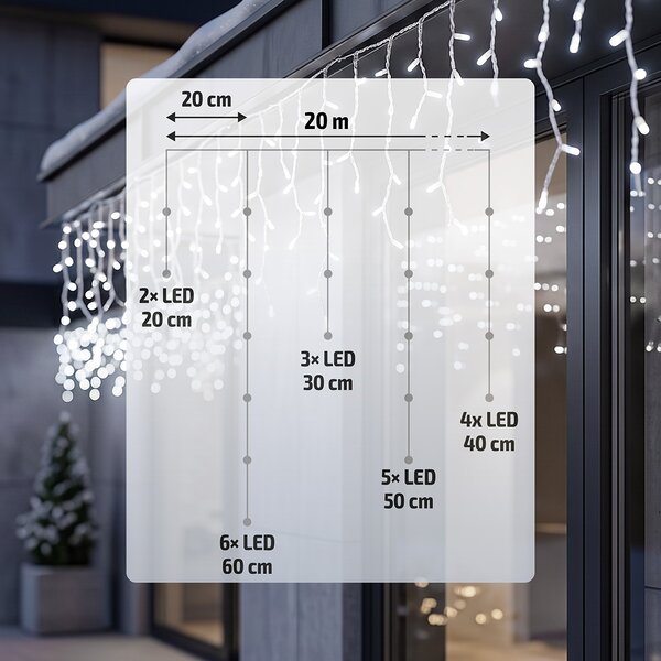 Solight LED vánoční girlanda, rampouchy, 400 LED, 20m, IP44, studené bílé světlo