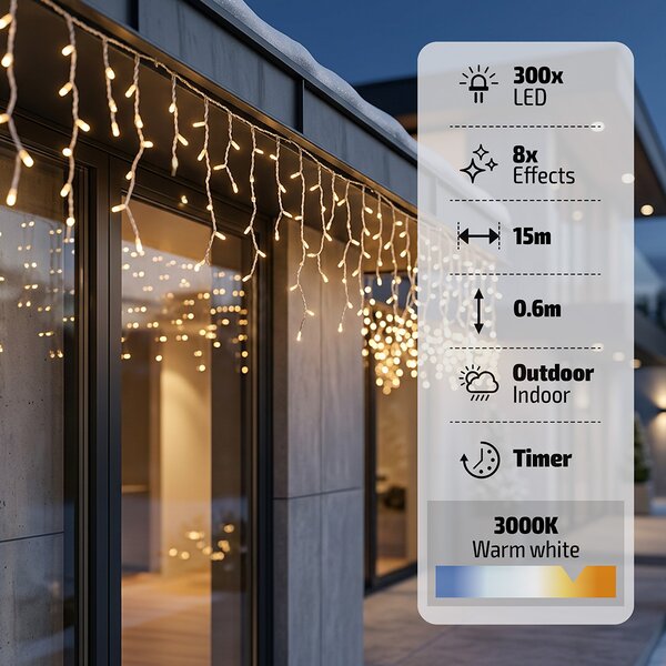 Solight LED vánoční girlanda, rampouchy, 300 LED, 15m, IP44, teplé bílé světlo