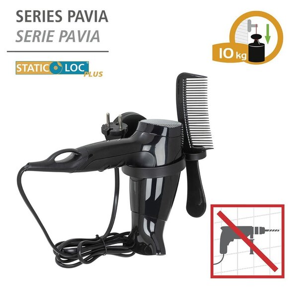 Čierny nástenný držiak na fén Wenko Static-Loc® Pavia