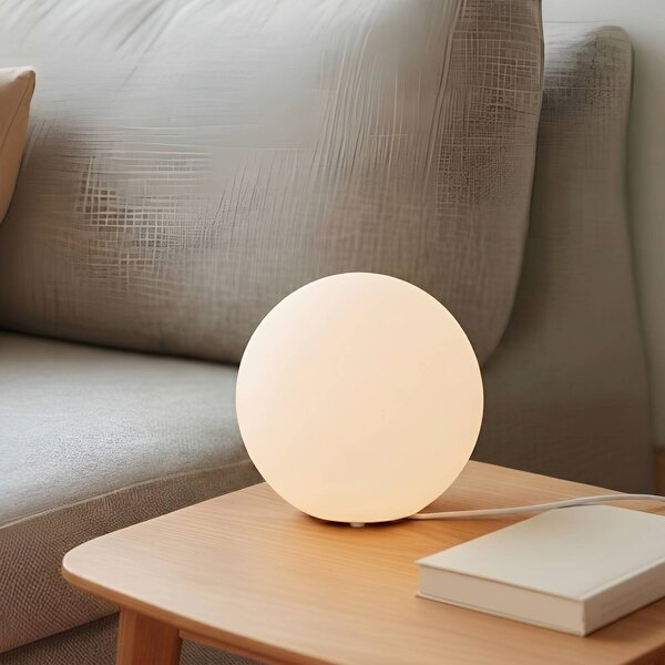 Lindby Stolná lampa Marike, biela, sklo, guľa, Ø 25 cm, E27, Biela / opálová, Obývacia izba / jedáleň, Sklo, Moderný, Guľa