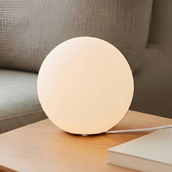 Lindby Stolná lampa Marike, biela, sklo, guľa, Ø 25 cm, E27, Biela / opálová, Obývacia izba / jedáleň, Sklo, Moderný, Guľa
