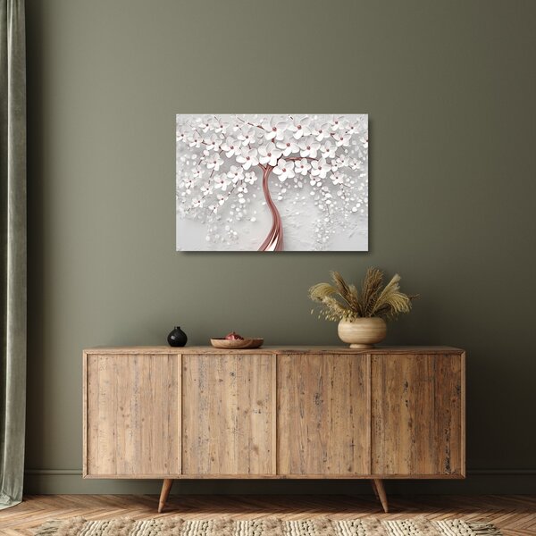 Sklenený obraz - Sklenený obraz bieleho stromu s kvetinami, rosegold (70x50 cm)