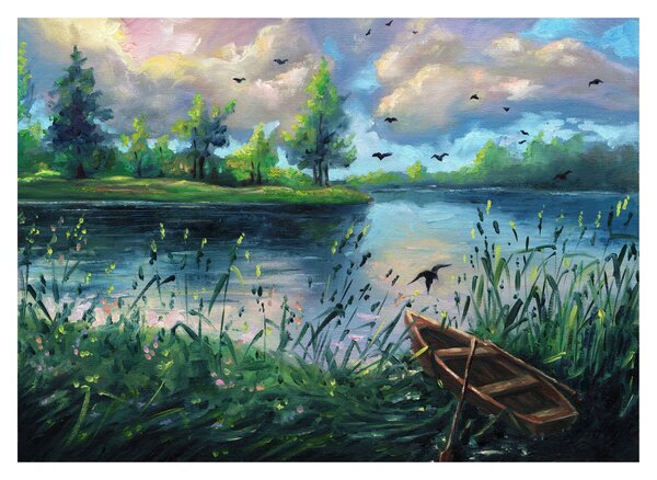 Sklenený obraz - Olejomaľba, Letný podvečer pri jazere (70x50 cm)