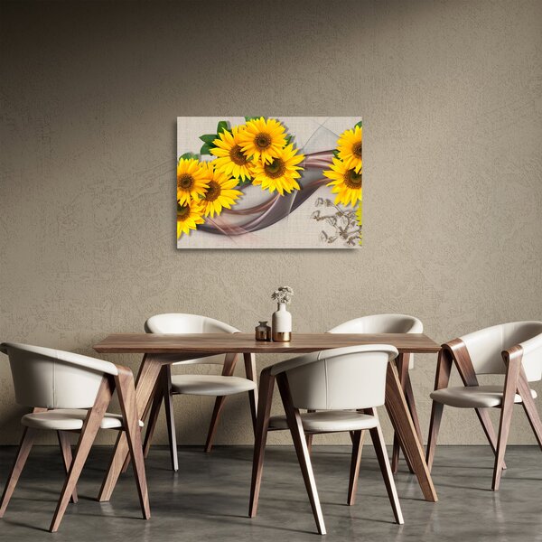 Sklenený obraz - Žiariace kvety slnečníc (70x50 cm)