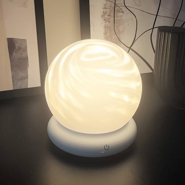 Briloner stolová LED lampa na batérie LUSTRO, biela, Ø 15 cm, RGBW, dotykové stmievanie, Biela / opálová, Obývacia izba / jedáleň, Plast, Moderný, Guľa