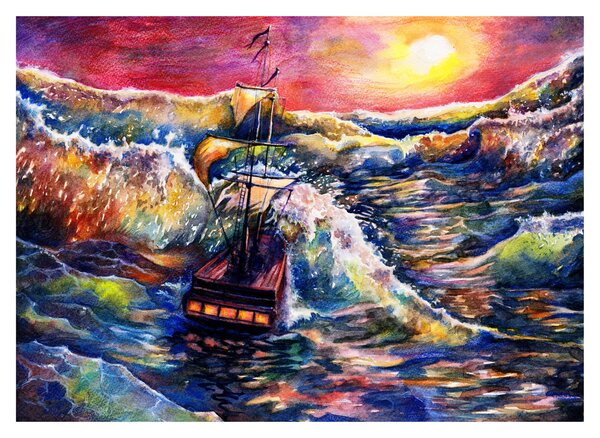 Sklenený obraz - Loď na oceánskych vlnách, aquarel (70x50 cm)