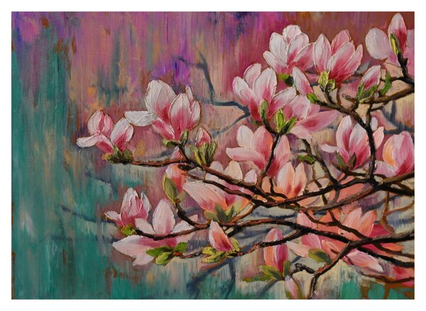 Sklenený obraz - Olejomaľba, Rozkvitnutá sakura (70x50 cm)