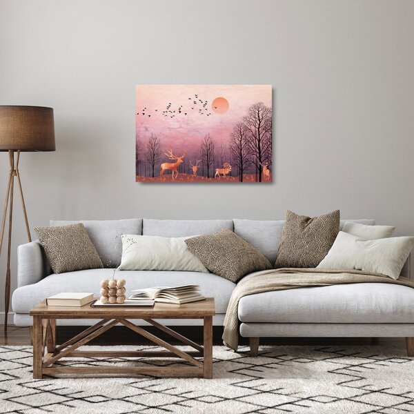 Sklenený obraz - Jelene v žiare zapadajúceho slnka (70x50 cm)