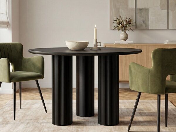 Jedálenský stôl čierny MDF okrúhly 120 cm drážkované nohy minimalistický dizajnový stôl