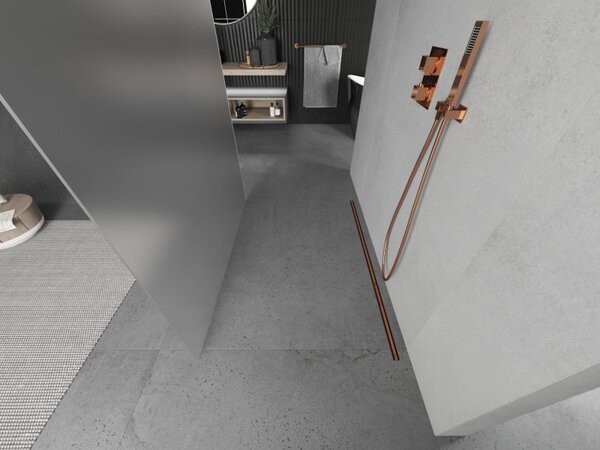 Mexen Kioto, priechodná sprchová zástena 100 x 200 cm, 8mm sklo námraza, 2x ružové zlato stabilizačná rozpera, 800-100-002-60-30