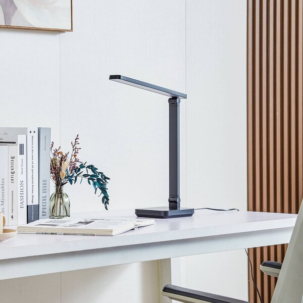 Lindby Stolná LED lampa Rylas, čierna, USB,, Čierna, Pracovňa / Kancelária, Plast, Moderný, Stolová lampa