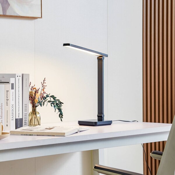 Lindby Stolná LED lampa Rylas, čierna, USB,, Čierna, Pracovňa / Kancelária, Plast, Moderný, Stolová lampa