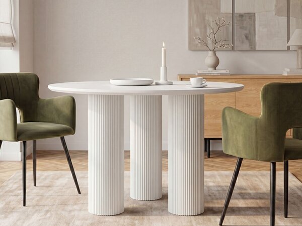 Jedálenský stôl biely MDF okrúhly 120 cm drážkované nohy minimalistický dizajnový stôl
