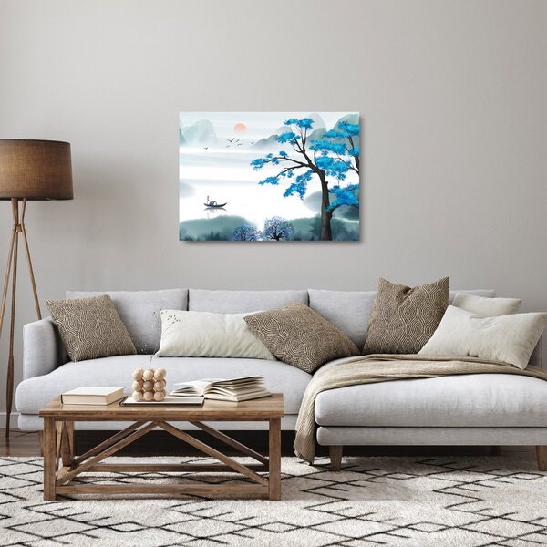 Sklenený obraz - Maľované jazero s loďkou (70x50 cm)