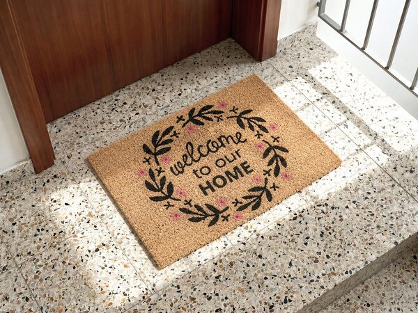 Rohožka prírodné kokosové vlákno 40 x 60 cm PVC povlak protišmyková rohož s nápisom do interiéru moderná