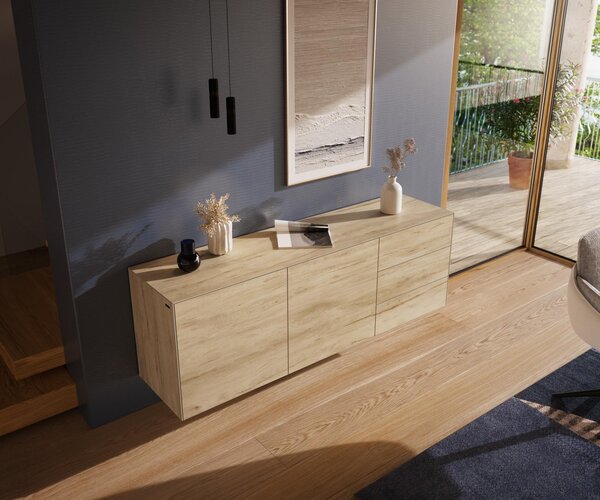 DELIFE Komoda Cuor 180 cm keramika Laminam® Sabbia dubová farba 2 dvierka 3 zásuvky závesná