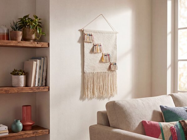 Nástenná dekorácia béžová bavlna borovicové drevo pletená ručná výroba so strapcami makramé boho štýl doplnky dekorácie