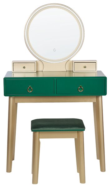 Toaletný stolík zelená a zlatá MDF 4 zásuvky LED zrkadlo stolička nábytok do obývačky glamour dizajn