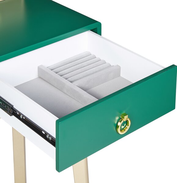 Toaletný stolík zelená a zlatá MDF 4 zásuvky LED zrkadlo stolička nábytok do obývačky glamour dizajn