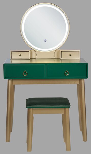 Toaletný stolík zelená a zlatá MDF 4 zásuvky LED zrkadlo stolička nábytok do obývačky glamour dizajn