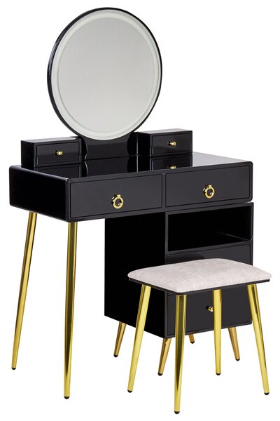 Toaletný stolík čierna a zlatá MDF 6 zásuviek LED zrkadlo stolička nábytok do obývačky glamour dizajn