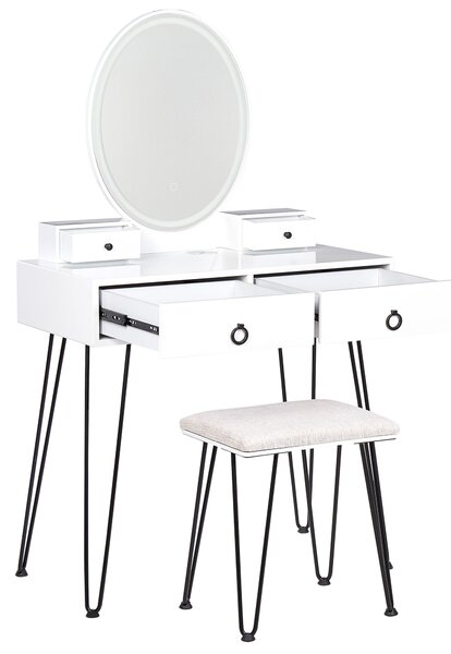 Toaletný stolík biela a čierna MDF 4 zásuvky LED zrkadlo stolička nábytok do obývačky glamour dizajn