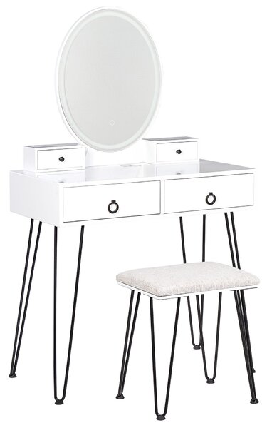 Toaletný stolík biela a čierna MDF 4 zásuvky LED zrkadlo stolička nábytok do obývačky glamour dizajn