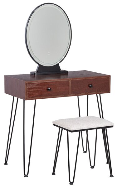 Toaletný stolík tmavé drevo a čierna MDF 2 zásuvky LED zrkadlo stolička nábytok do obývačky glamour dizajn