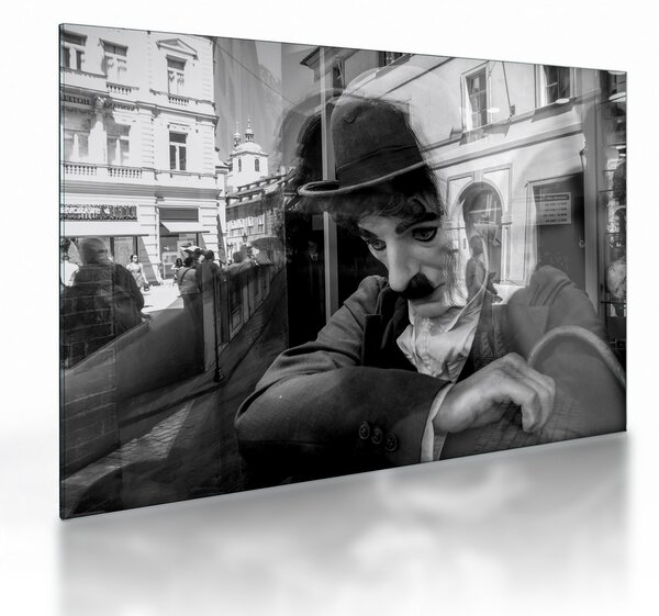 Sklenený obraz - Charles Chaplin v Prahe (70x50 cm)