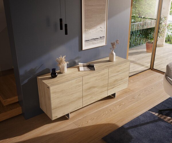DELIFE Komoda Cuor 180 cm keramika Laminam® Sabbia v dubovej farbe 2 dvierka 3 zásuvky podstava závesná nerezová oceľ