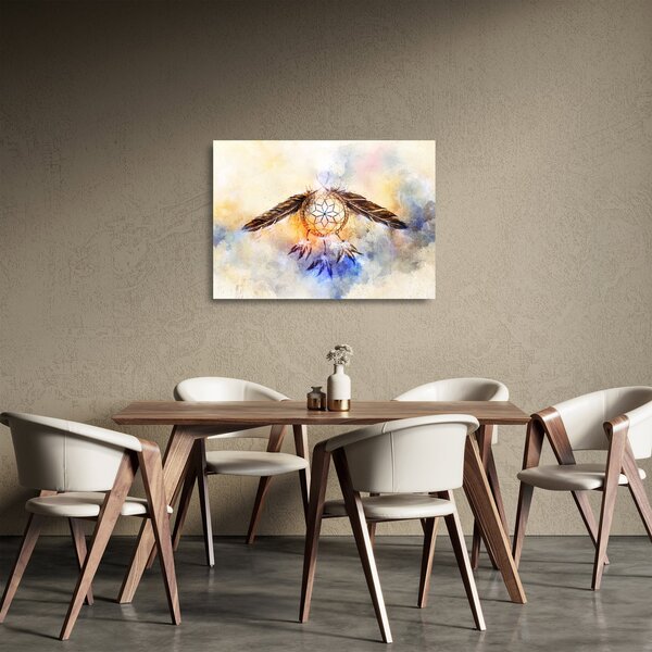 Sklenený obraz - Lapač snov s pierkami (70x50 cm)