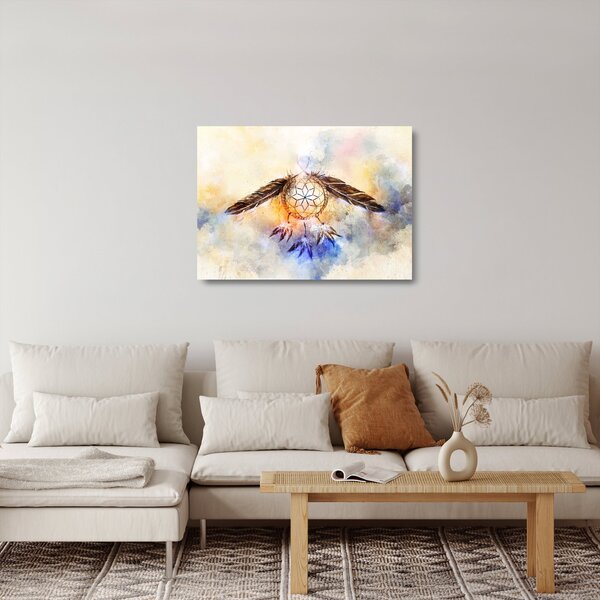 Sklenený obraz - Lapač snov s pierkami (70x50 cm)
